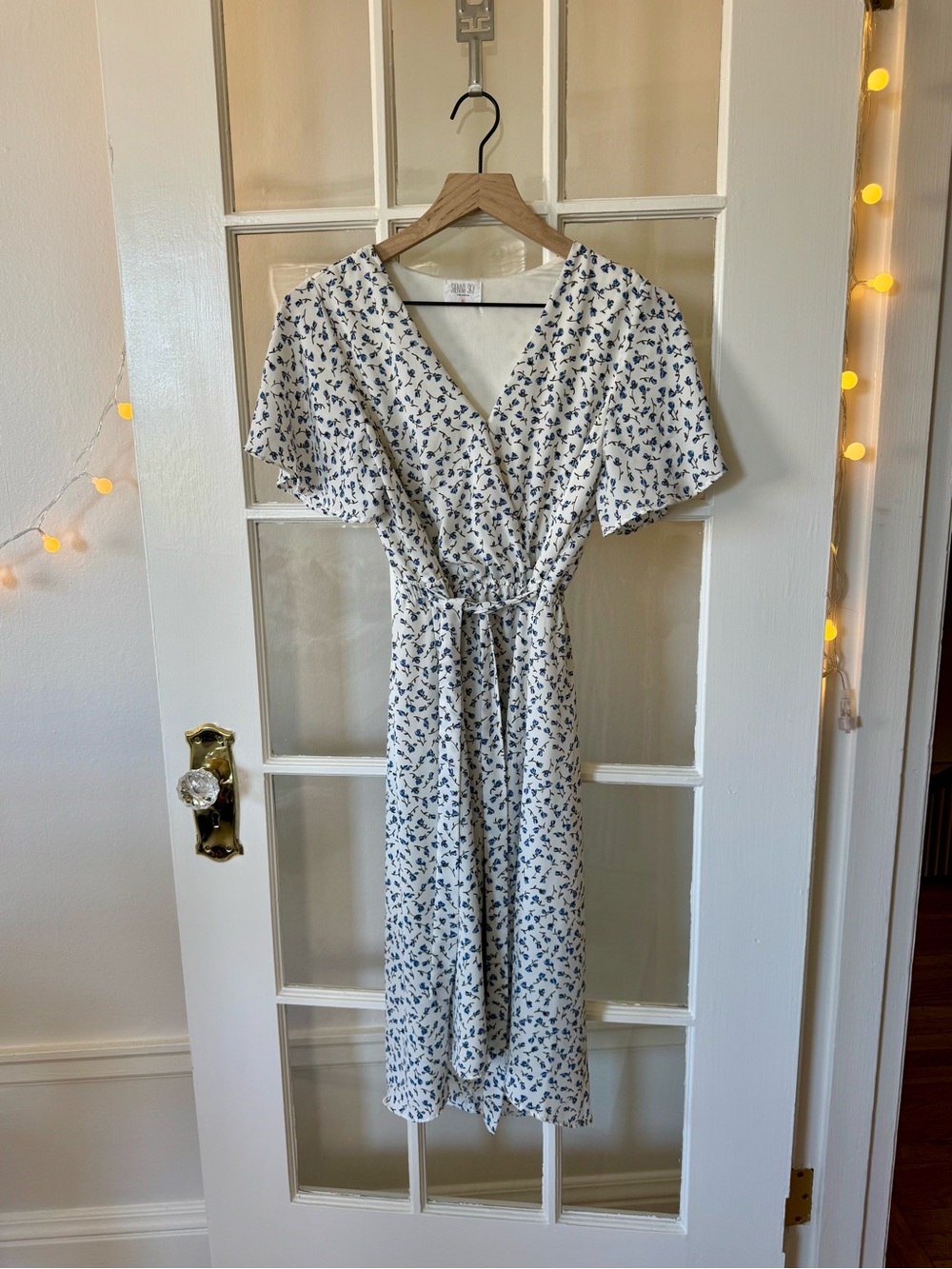 Floral V-Neck White and Blue Midi Wrap Dress with Tie and Cinched Waist